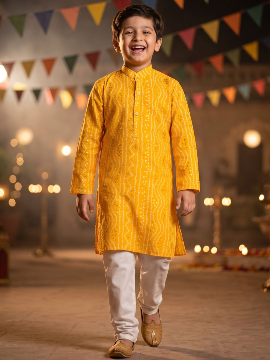 Kids Boys MUStard Bandhani Print Cotton Kurta Pyjama Set