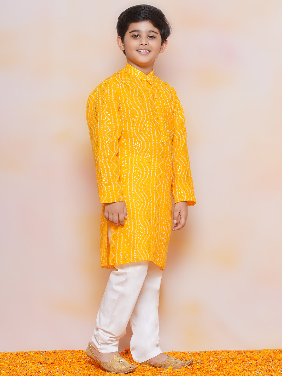 Kids Boys MUStard Bandhani Print Cotton Kurta Pyjama Set - AJ Dezines