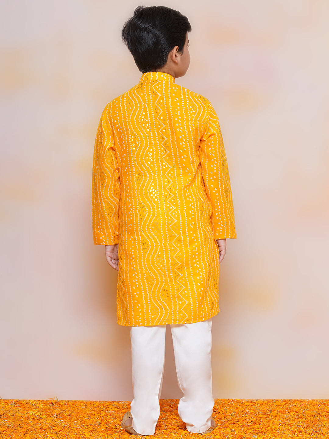 Kids Boys MUStard Bandhani Print Cotton Kurta Pyjama Set - AJ Dezines