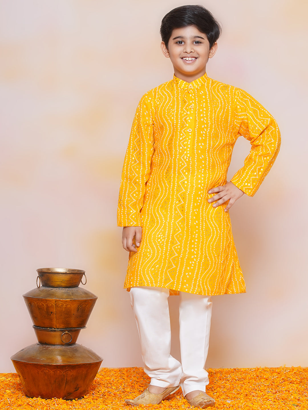 Boys Pure Cotton Kurta Pyjama and Girls Lehenga Sibling Sets-Yellow - AJ Dezines
