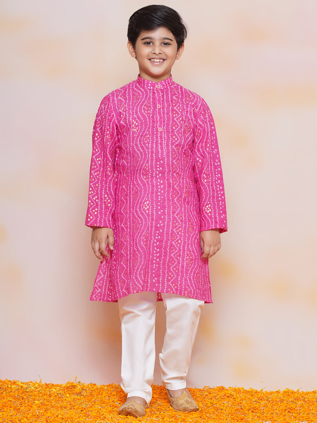 Kids Boys PINK Bandhani Print Cotton Kurta Pyjama Set - AJ Dezines