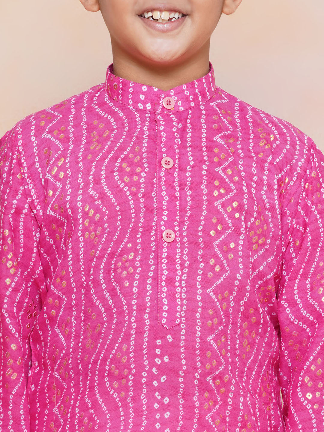 Kids Boys PINK Bandhani Print Cotton Kurta Pyjama Set - AJ Dezines