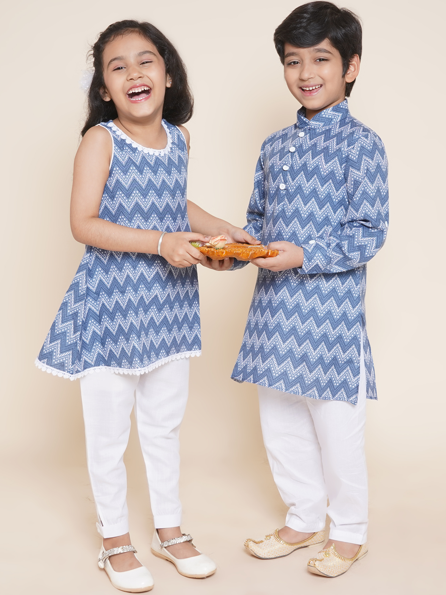 Boys Pure Cotton Kurta Pyjamas and GirlsKurti with Salwar Sibling Sets -Blue - AJ Dezines