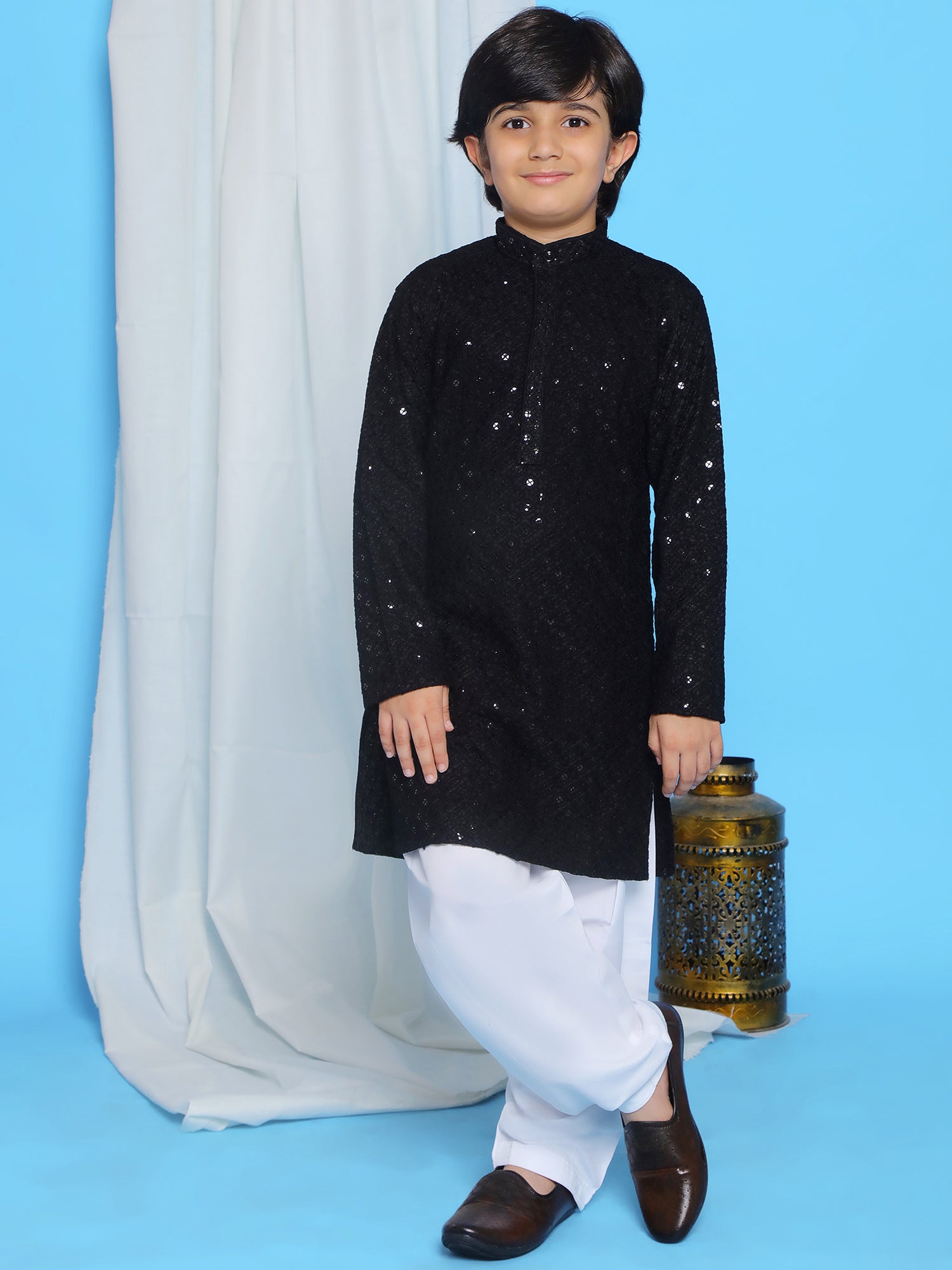 Black Schiffli Full Sleeves Embroidered Kurta Pyjama Set For Boys - AJ Dezines