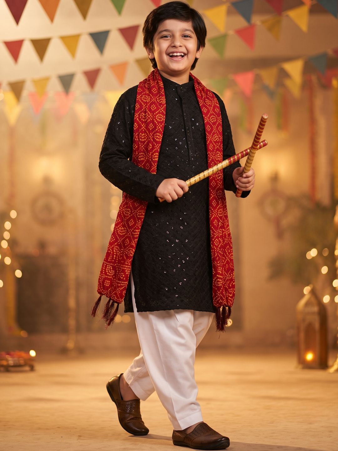 Black Sequence Embroidery Cotton Blend Kurta Pyjama With Maroon Dupatta Set For Boys