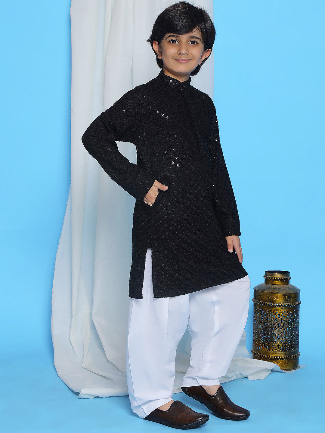Black Sequence Embroidery Cotton Blend Kurta Pyjama With Maroon Dupatta Set For Boys