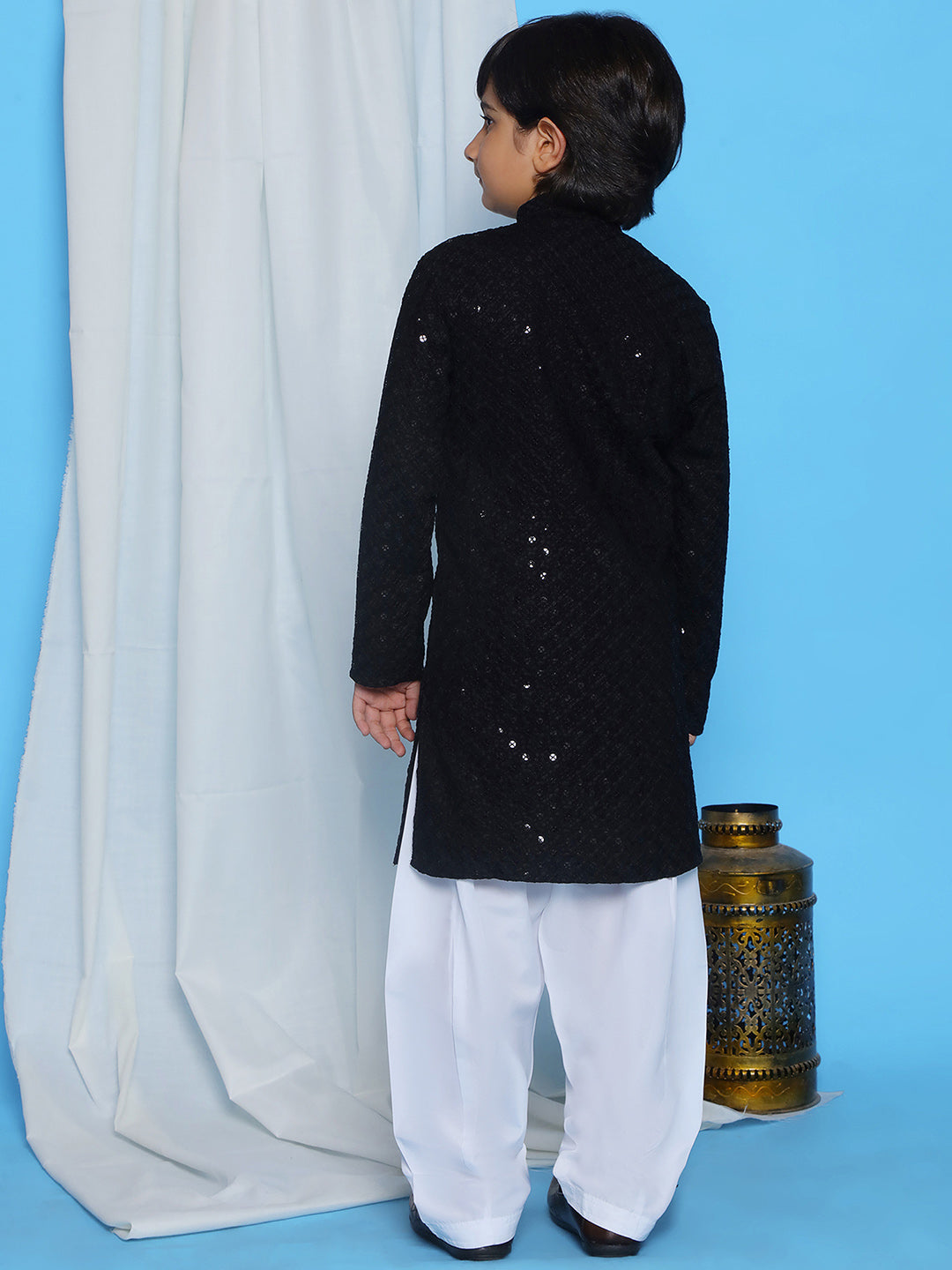 Black Sequence Embroidery Cotton Blend Kurta Pyjama With Maroon Dupatta Set For Boys