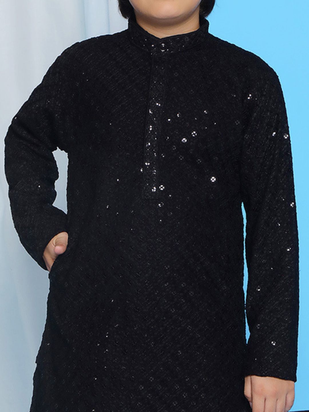 Black Sequence Embroidery Cotton Blend Kurta Pyjama With Maroon Dupatta Set For Boys