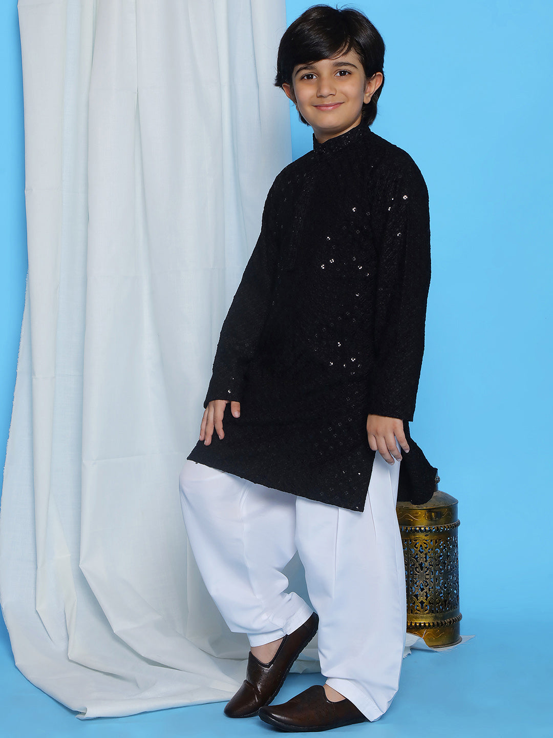 Black Sequence Embroidery Cotton Blend Kurta Pyjama With Maroon Dupatta Set For Boys
