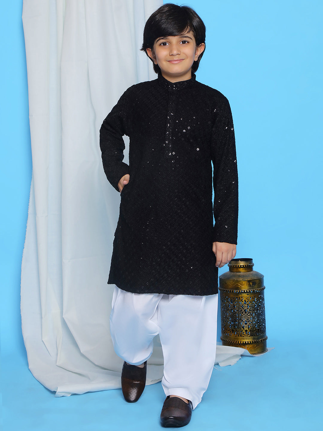 Black Sequence Embroidery Cotton Blend Kurta Pyjama With Maroon Dupatta Set For Boys