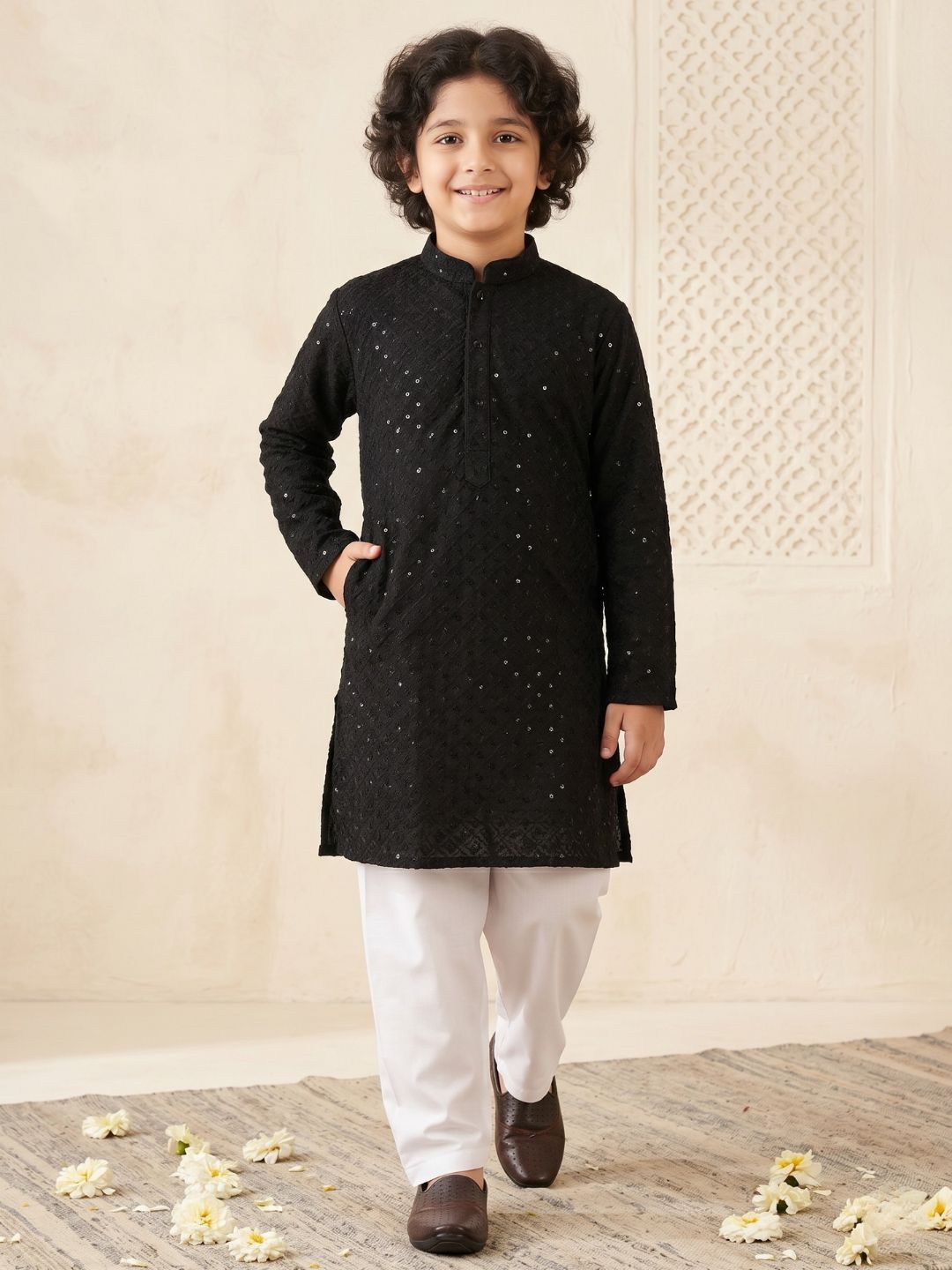 Black Schiffli Full Sleeves Embroidered Kurta Pyjama Set For Boys - AJ Dezines