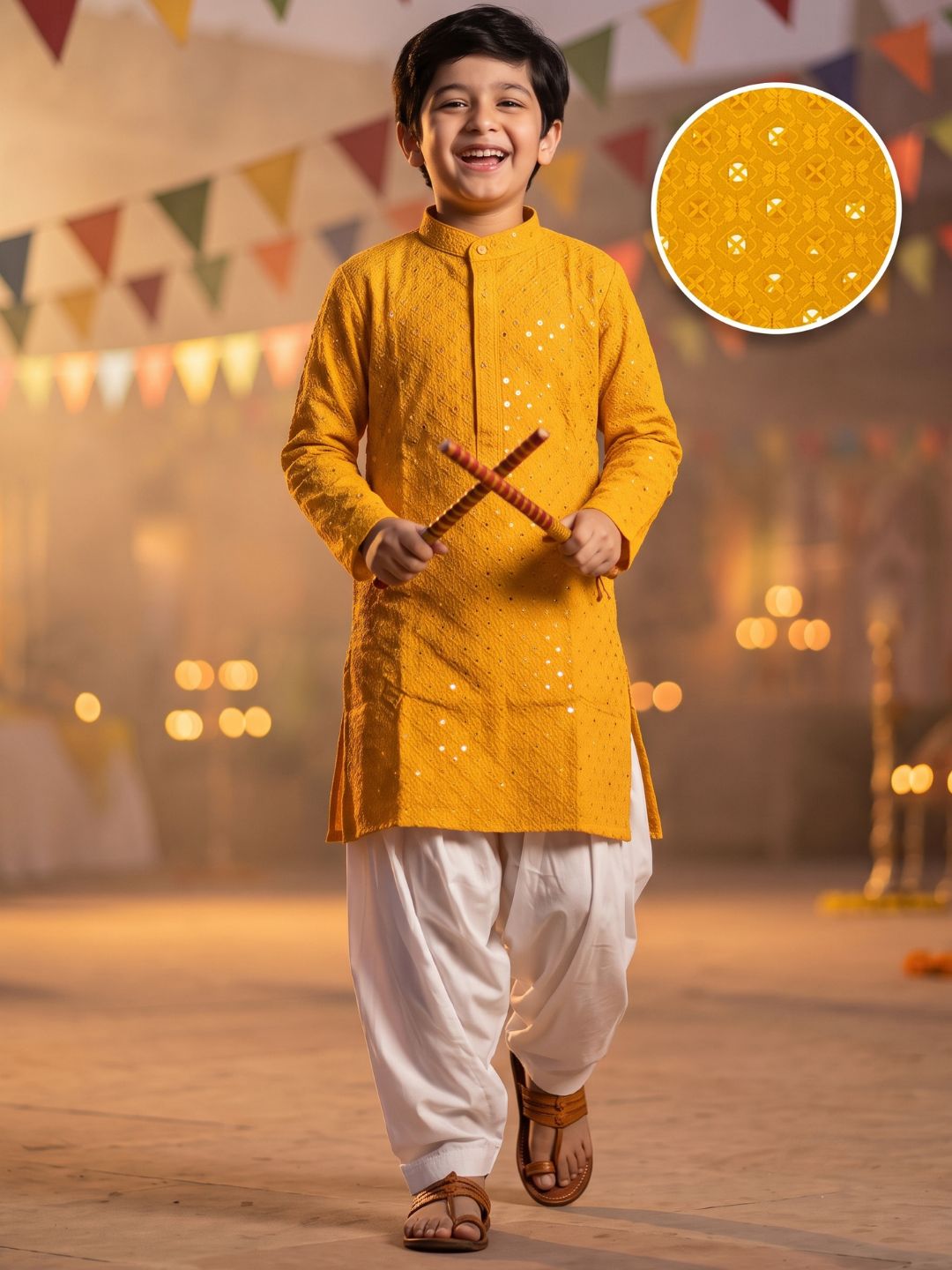 Dark Yellow Sequence Embroidery Cotton Blend Kurta Pyjama Set For Boys