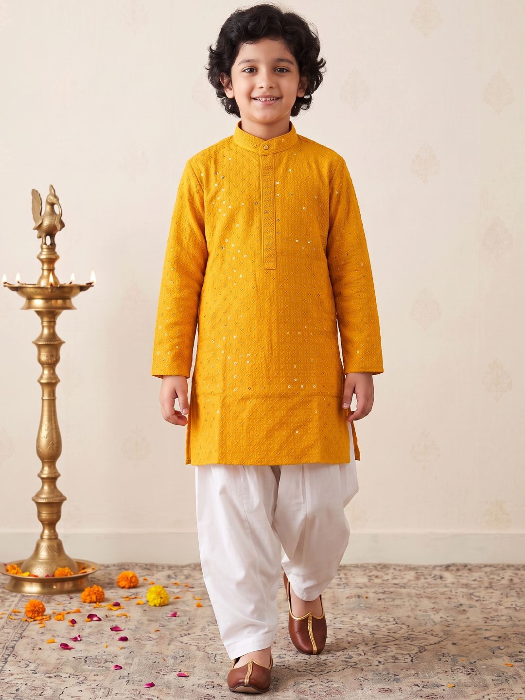 Dark Yellow Sequence Embroidery Cotton Blend Kurta Pyjama Set For Boys