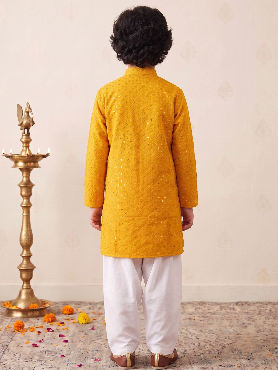 Dark Yellow Sequence Embroidery Cotton Blend Kurta Pyjama Set For Boys