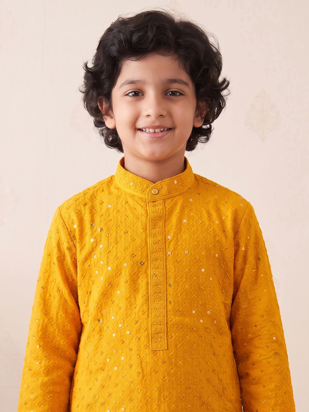 Dark Yellow Sequence Embroidery Cotton Blend Kurta Pyjama Set For Boys