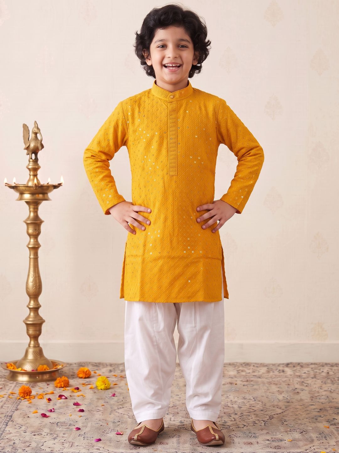 Dark Yellow Sequence Embroidery Cotton Blend Kurta Pyjama Set For Boys