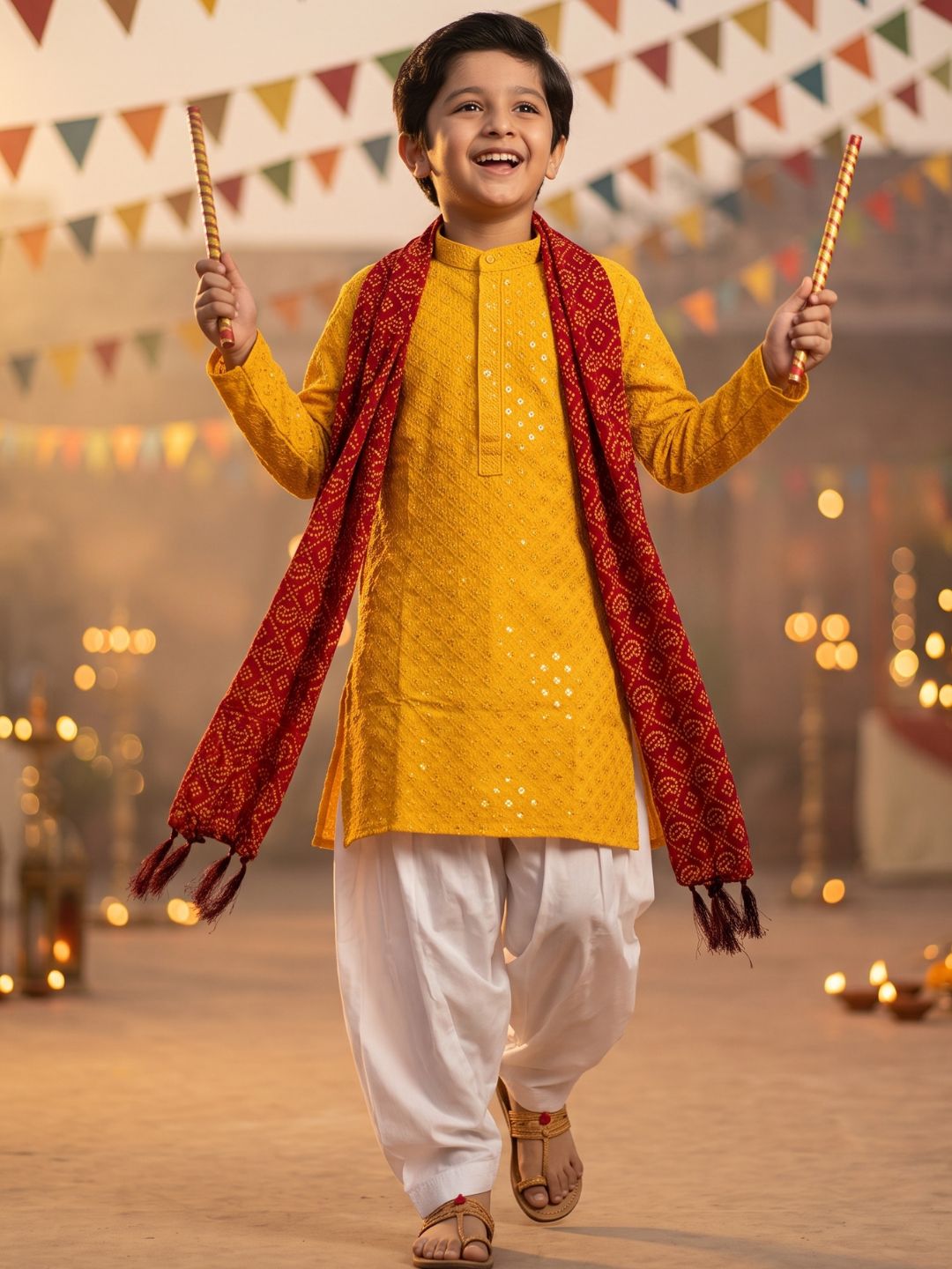 Dark Yellow Sequence Embroidery Cotton Blend Kurta Pyjama With Maroon Dupatta Set For Boys