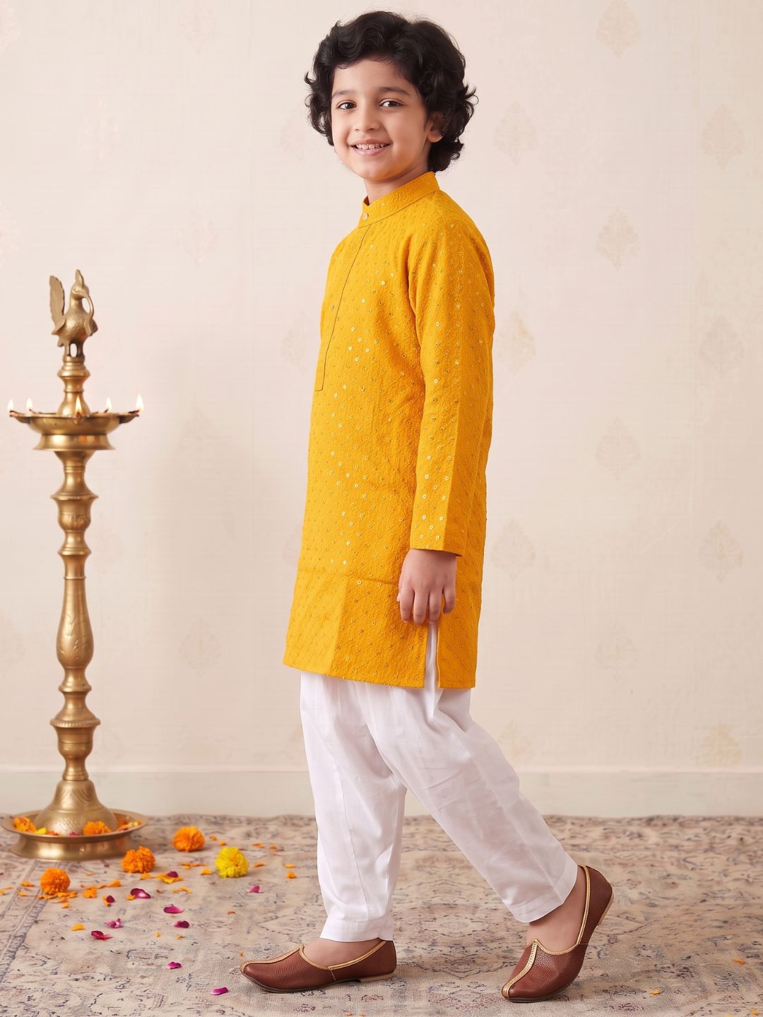 Dark Yellow Sequence Embroidery Cotton Blend Kurta Pyjama With Maroon Dupatta Set For Boys