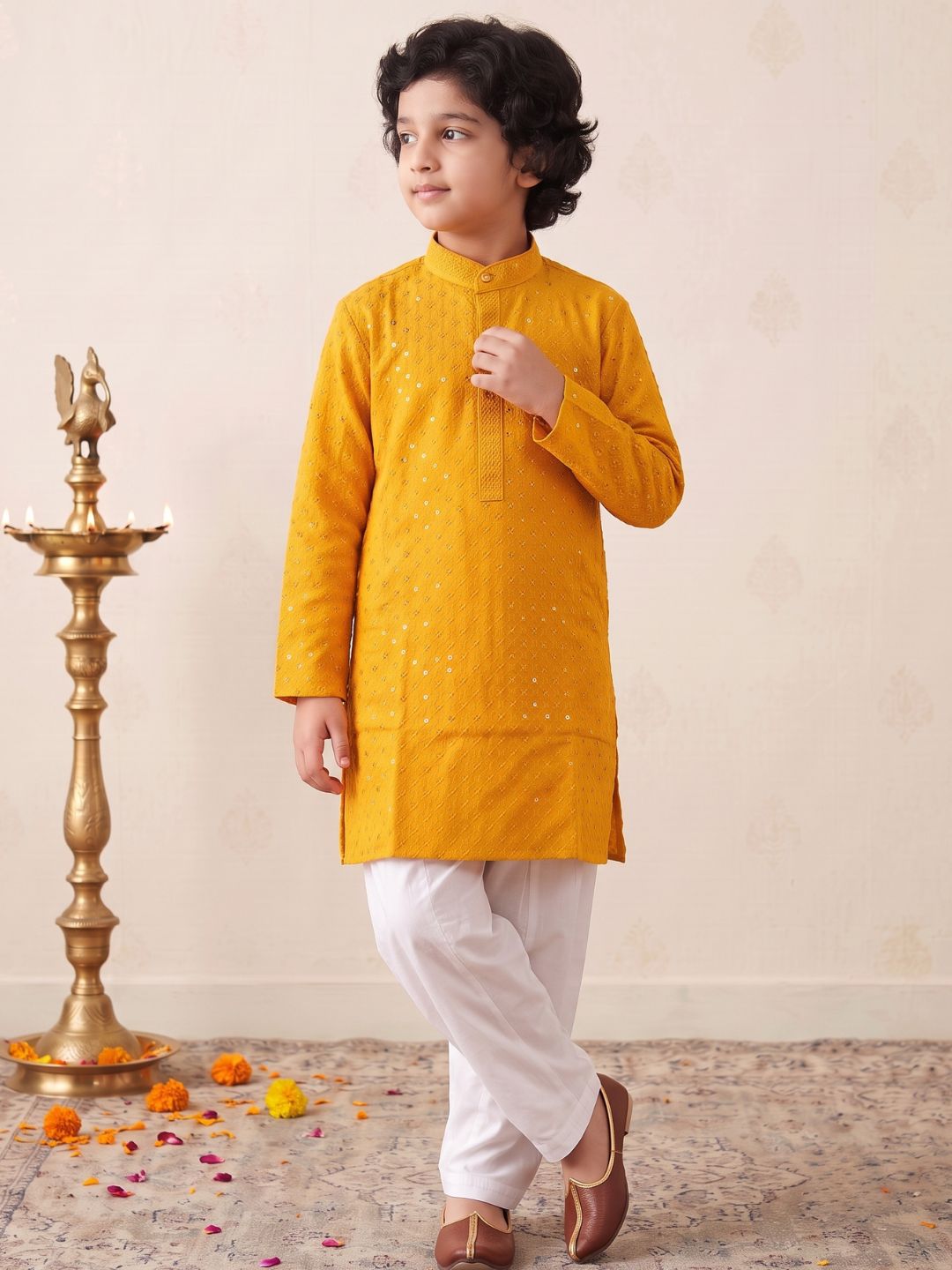 Dark Yellow Sequence Embroidery Cotton Blend Kurta Pyjama With Maroon Dupatta Set For Boys
