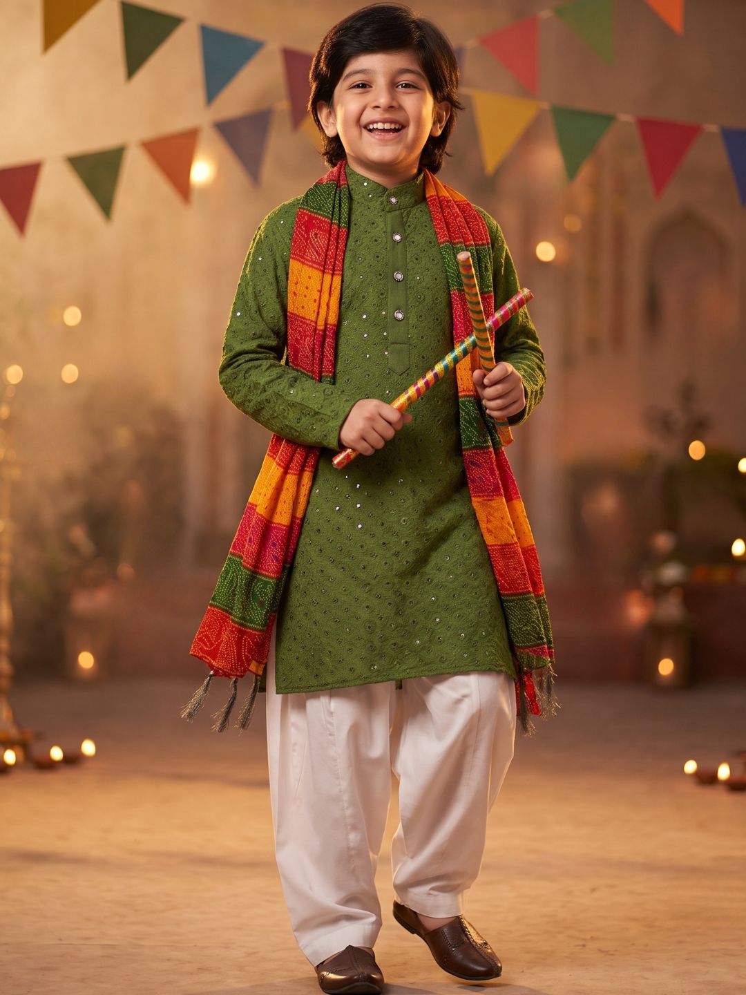 Green Sequence Embroidery Cotton Blend Kurta Pyjama With Multicolor Dupatta Set For Boys