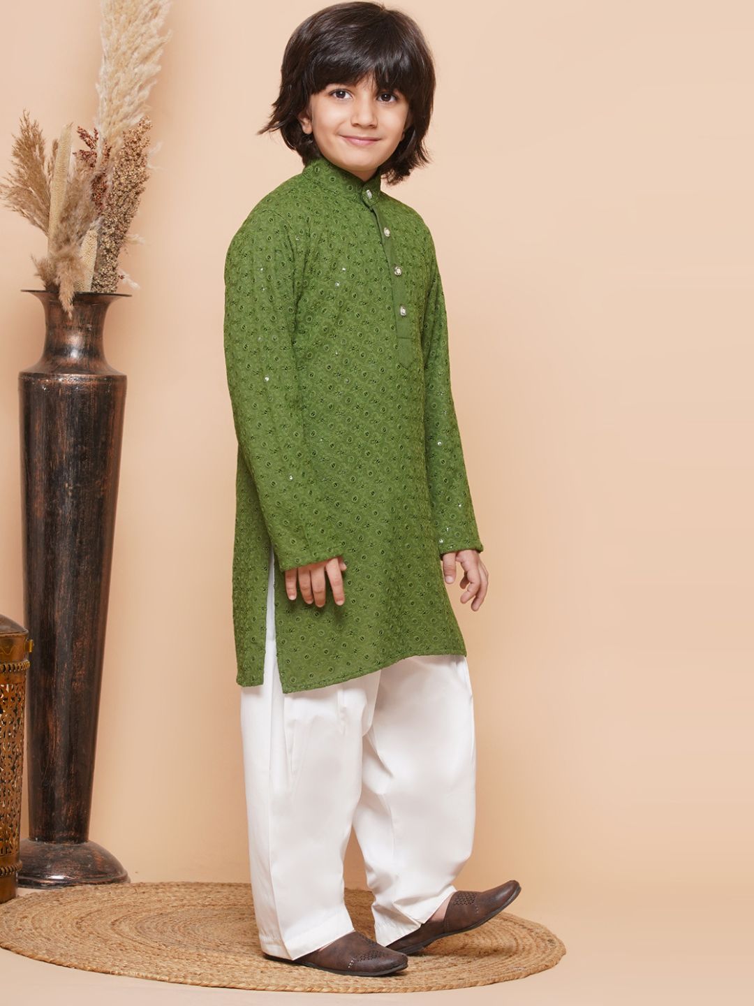 Green Sequence Embroidery Cotton Blend Kurta Pyjama With Multicolor Dupatta Set For Boys