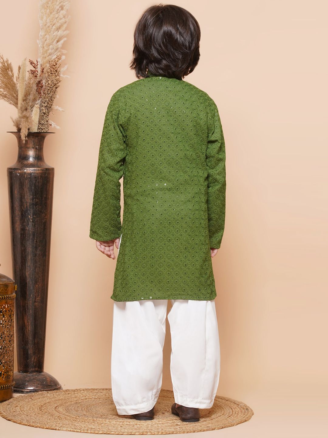 Green Sequence Embroidery Cotton Blend Kurta Pyjama With Multicolor Dupatta Set For Boys