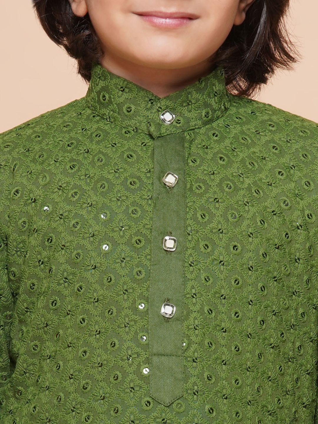 Green Sequence Embroidery Cotton Blend Kurta Pyjama With Multicolor Dupatta Set For Boys