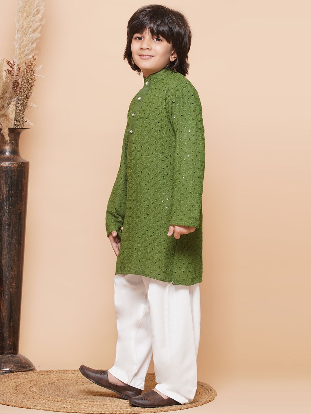Green Sequence Embroidery Cotton Blend Kurta Pyjama With Multicolor Dupatta Set For Boys
