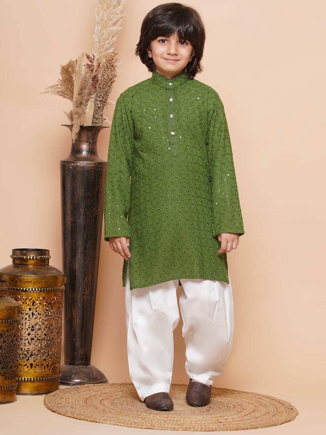 Green Sequence Embroidery Cotton Blend Kurta Pyjama With Multicolor Dupatta Set For Boys