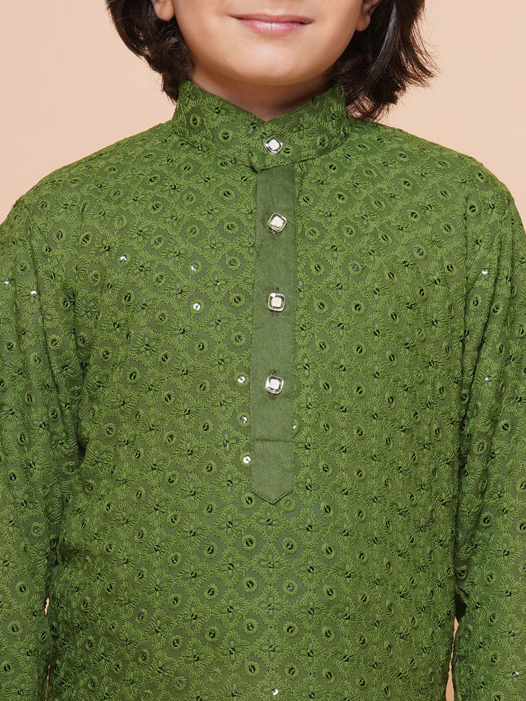 Kids Boys Green Embroidered Schiffli Kurta Pyjama Set - AJ Dezines