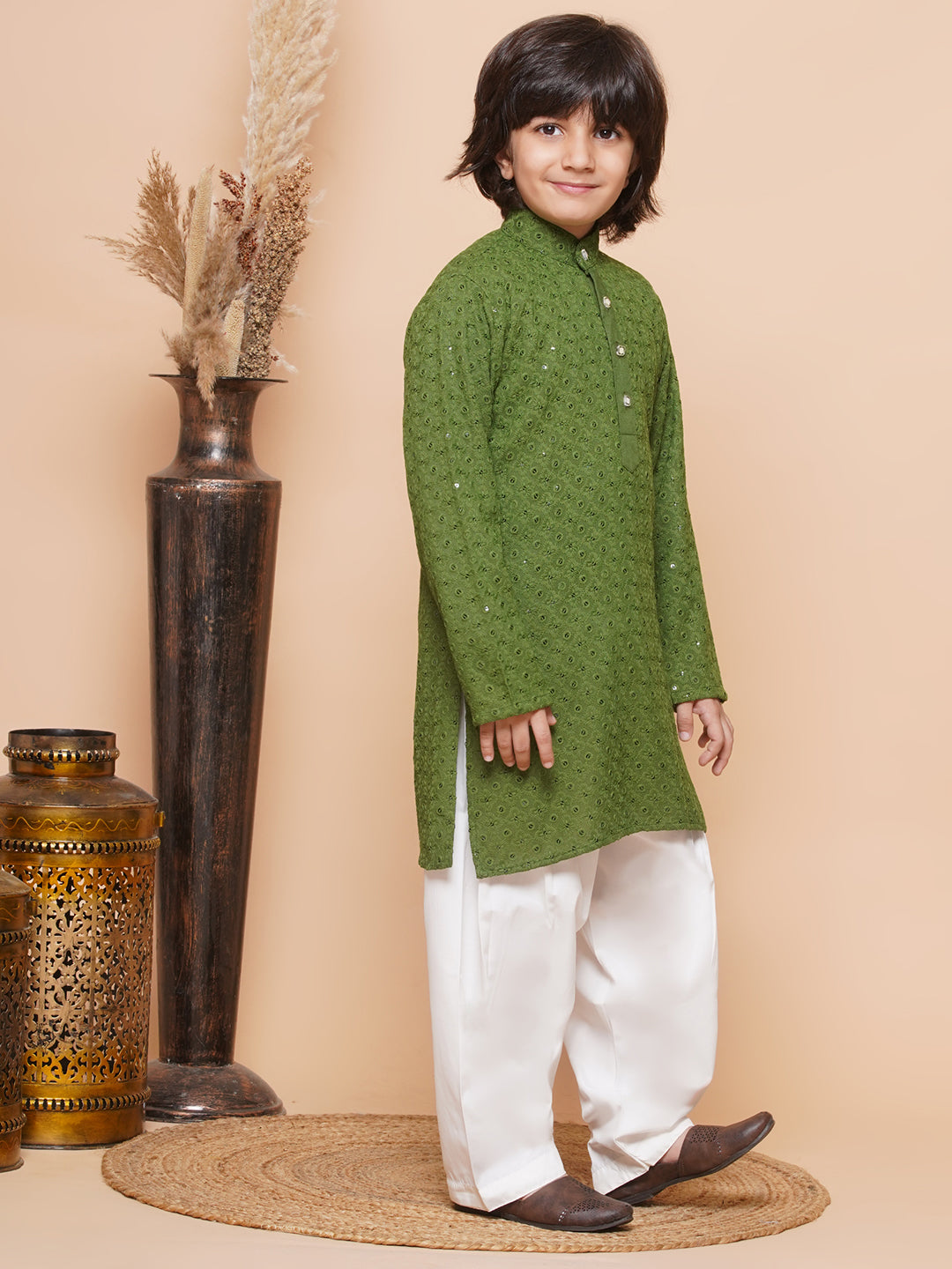 Kids Boys Green Embroidered Schiffli Kurta Pyjama Set - AJ Dezines