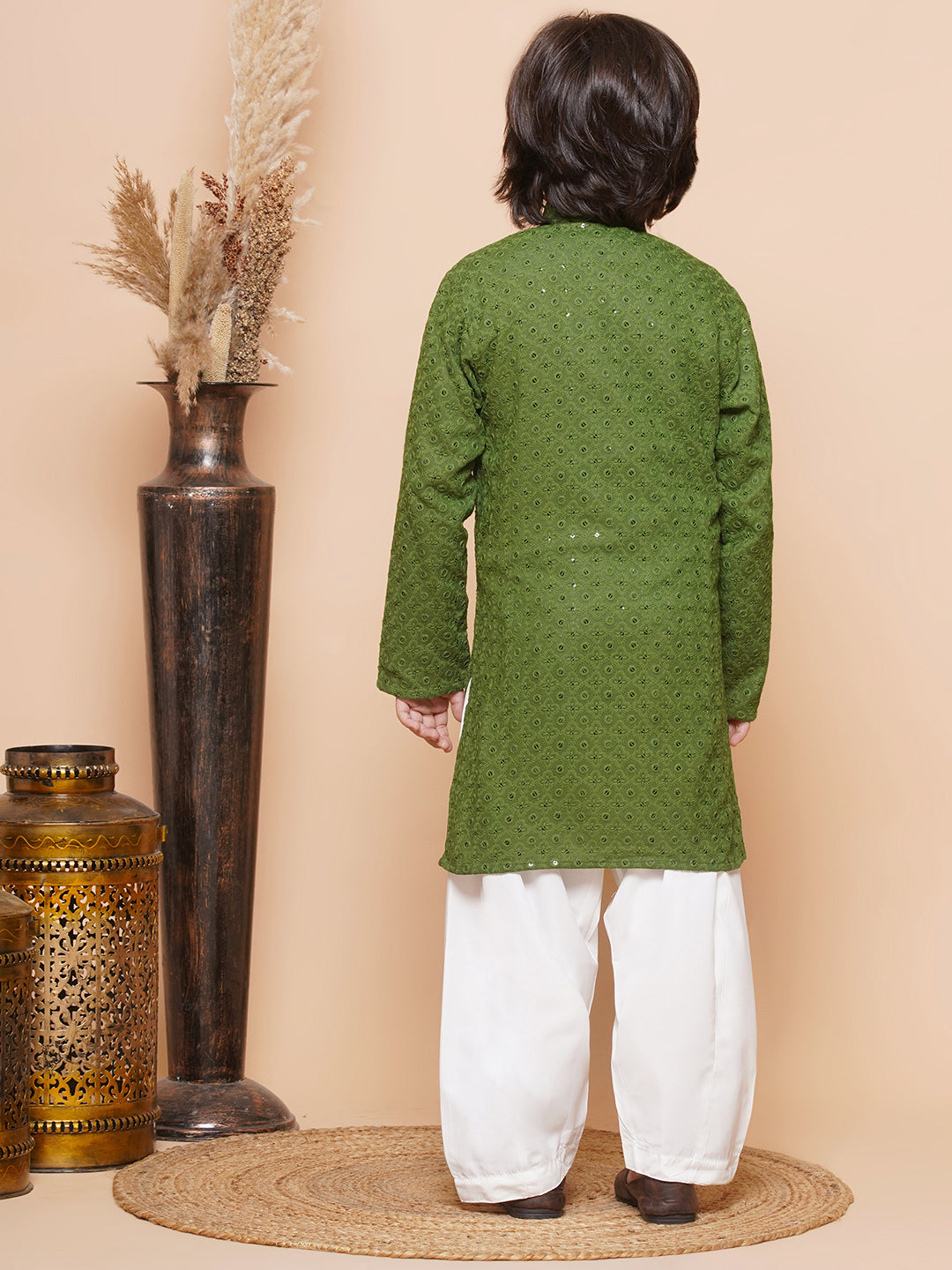 Kids Boys Green Embroidered Schiffli Kurta Pyjama Set - AJ Dezines