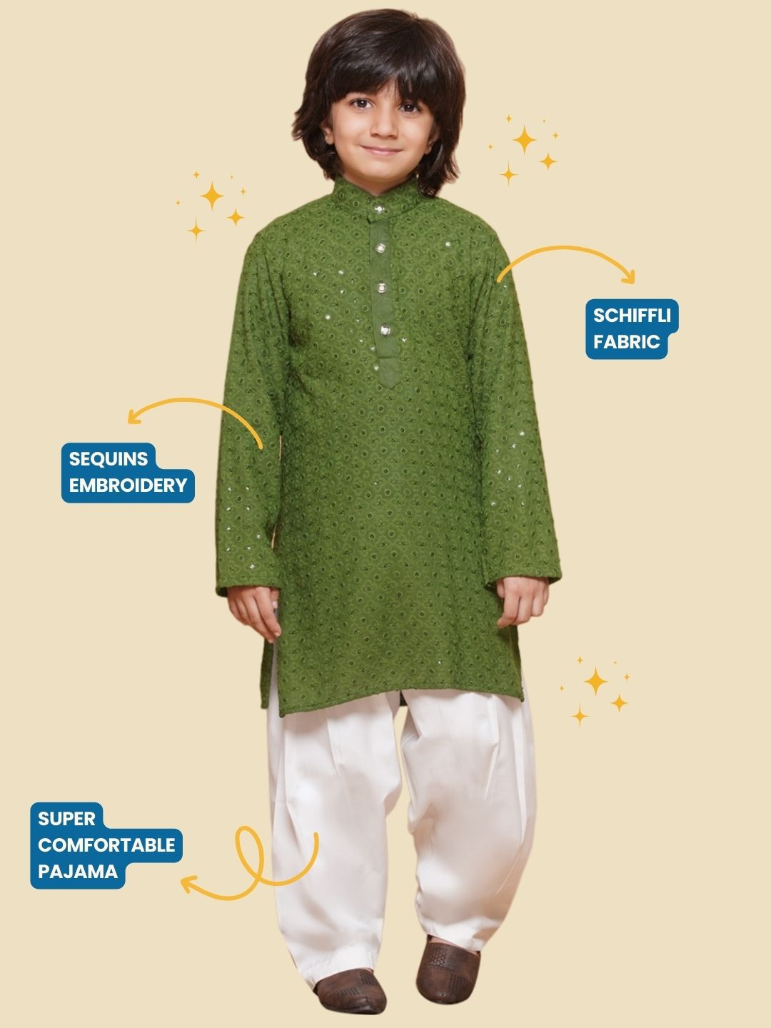 Kids Boys Green Embroidered Schiffli Kurta Pyjama Set - AJ Dezines