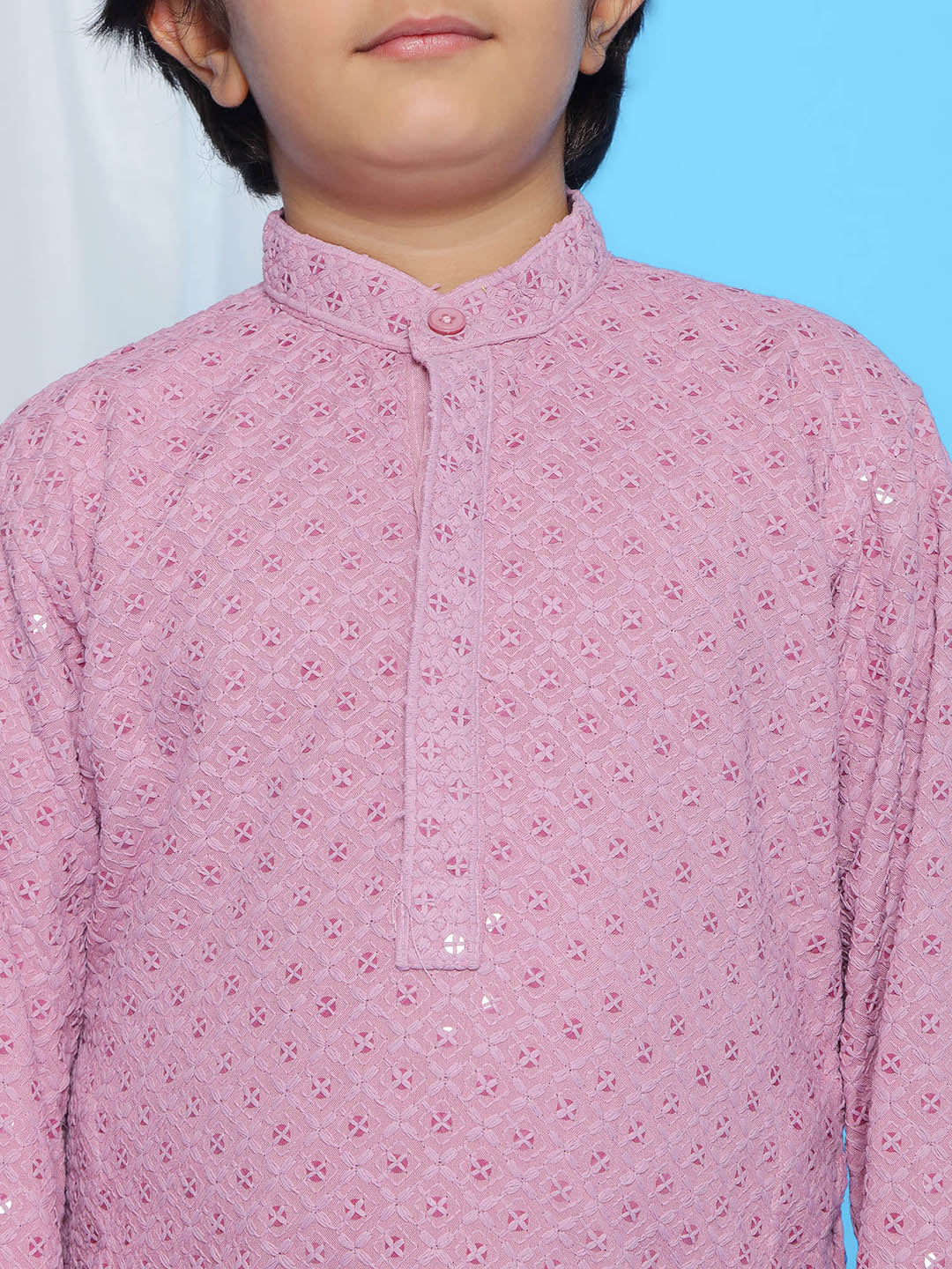 LAVENDER Schiffli Full sleeves Embroidered Kurta Pyjama Set for Boys - AJ Dezines