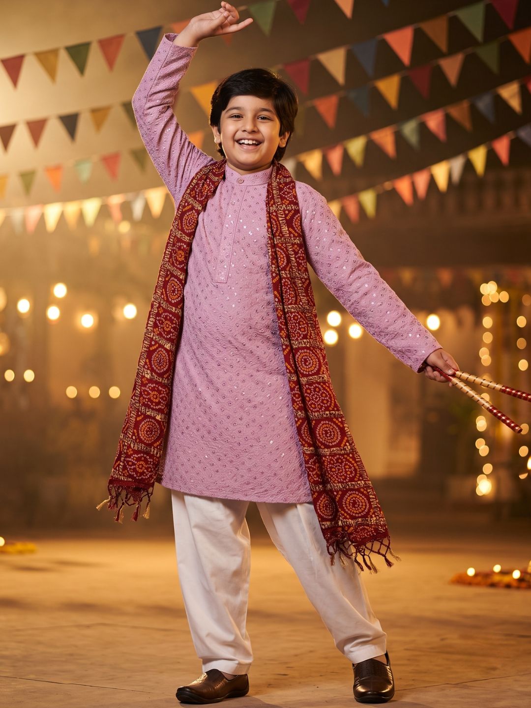 Lavender Sequence Embroidery Cotton Blend Kurta Pyjama With Red Dupatta Set For Boys