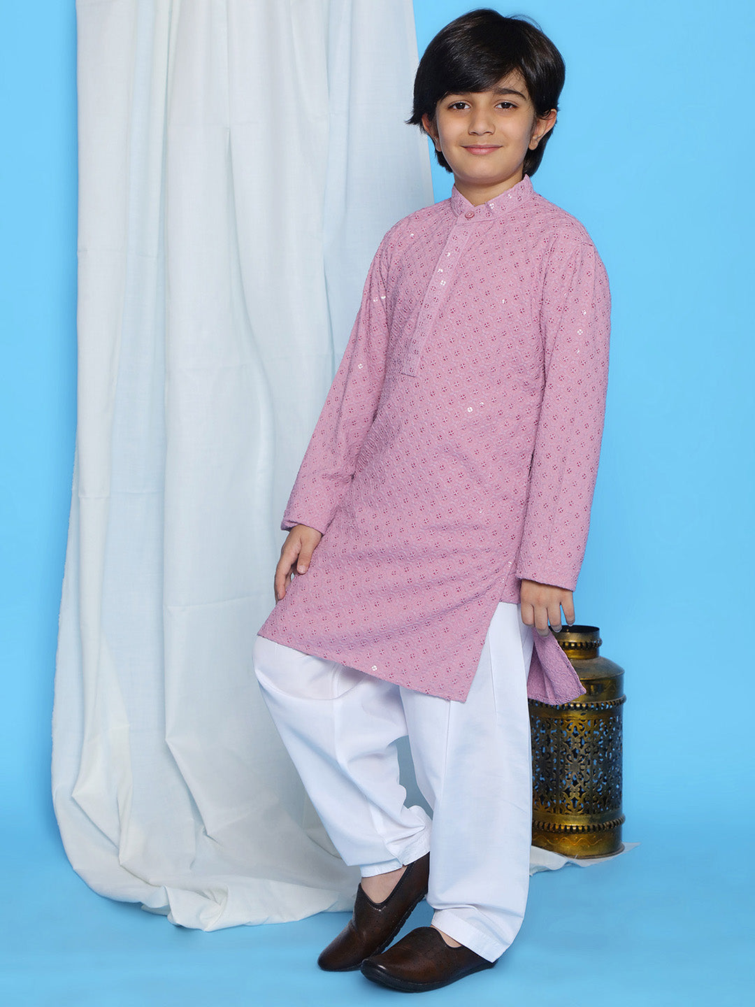 Lavender Sequence Embroidery Cotton Blend Kurta Pyjama With Red Dupatta Set For Boys