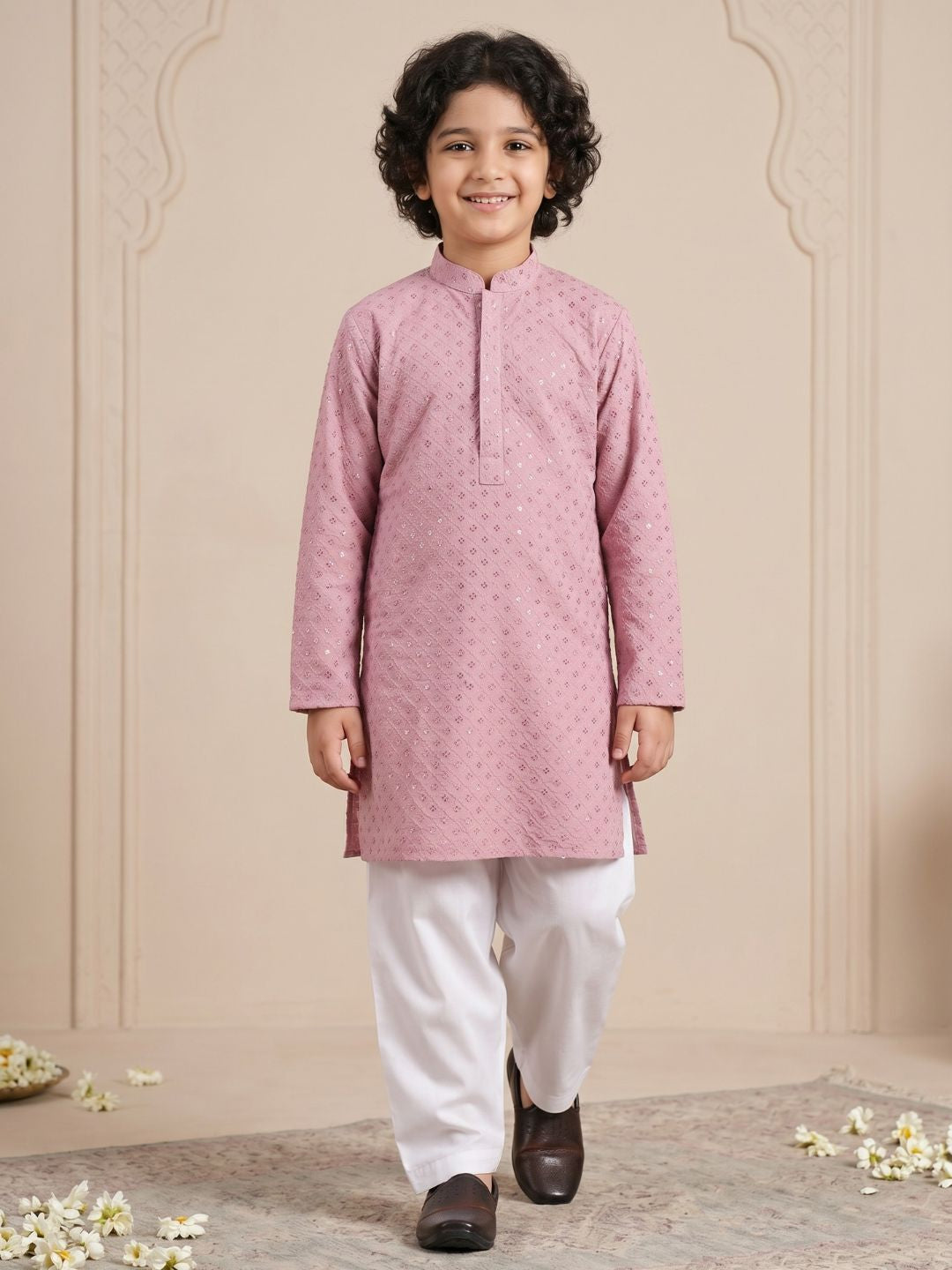 LAVENDER Schiffli Full sleeves Embroidered Kurta Pyjama Set for Boys - AJ Dezines