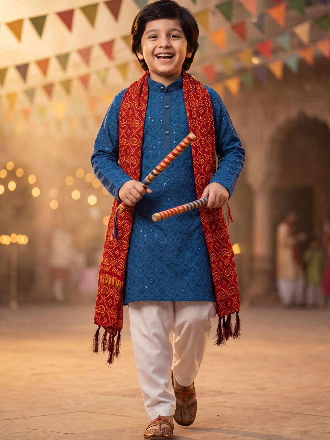 Navy Blue Sequence Embroidery Cotton Blend Kurta Pyjama With Maroon Dupatta Set For Boys