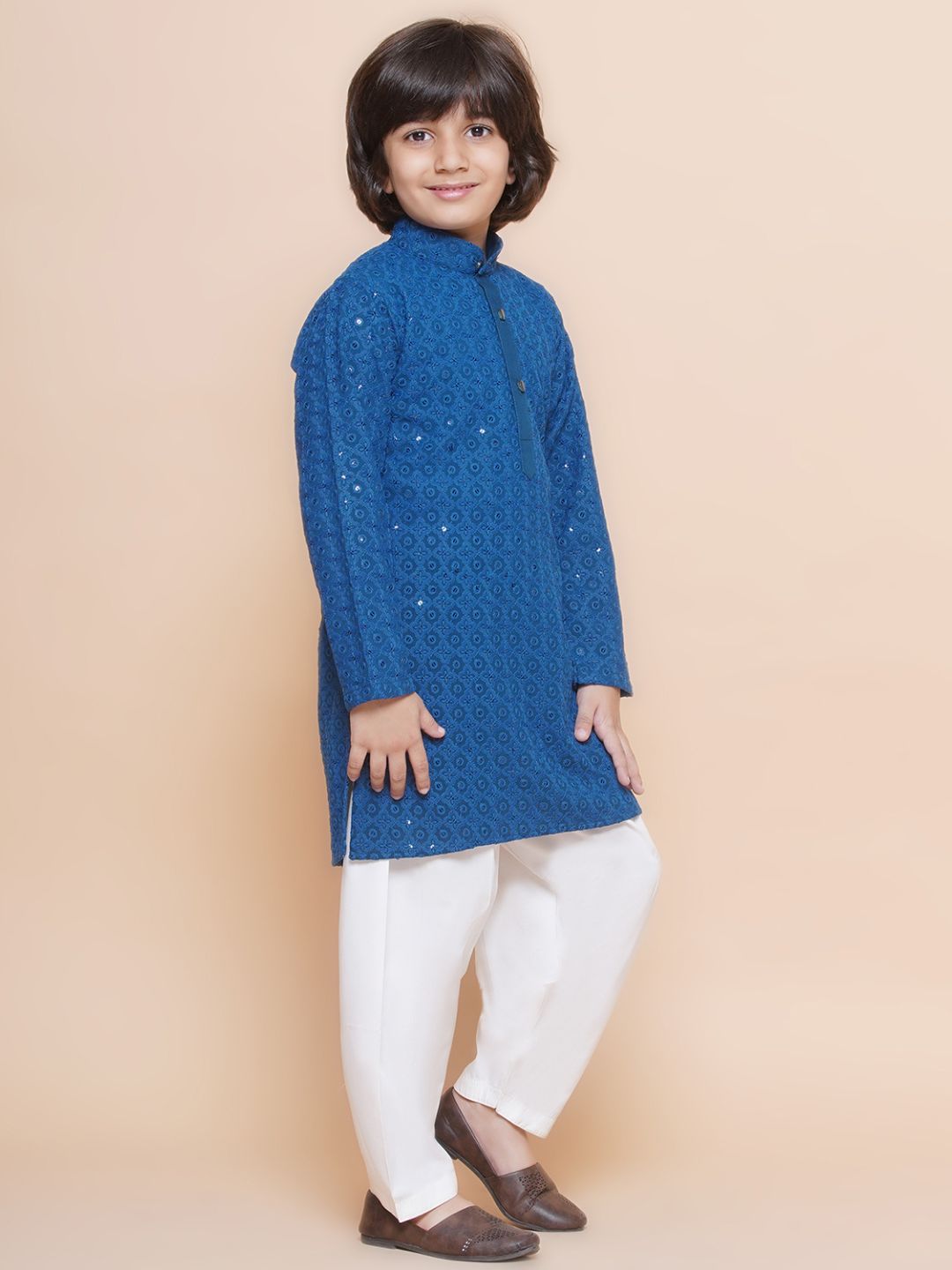 Navy Blue Sequence Embroidery Cotton Blend Kurta Pyjama With Maroon Dupatta Set For Boys
