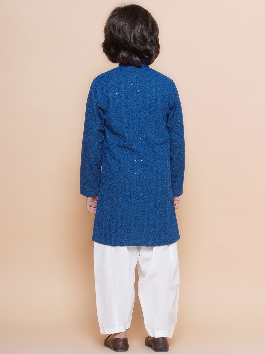 Navy Blue Sequence Embroidery Cotton Blend Kurta Pyjama With Maroon Dupatta Set For Boys