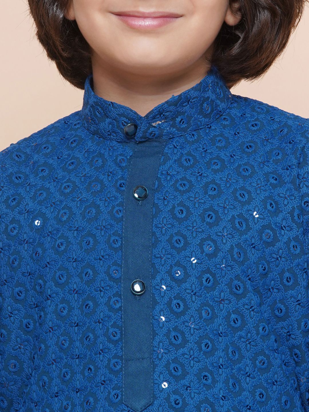 Navy Blue Sequence Embroidery Cotton Blend Kurta Pyjama With Maroon Dupatta Set For Boys