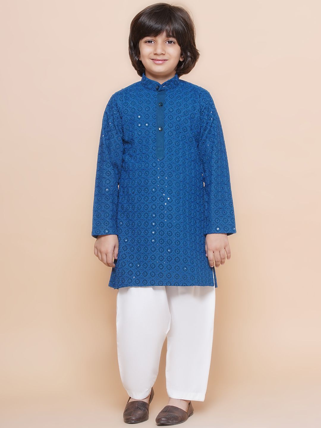 Navy Blue Sequence Embroidery Cotton Blend Kurta Pyjama With Maroon Dupatta Set For Boys
