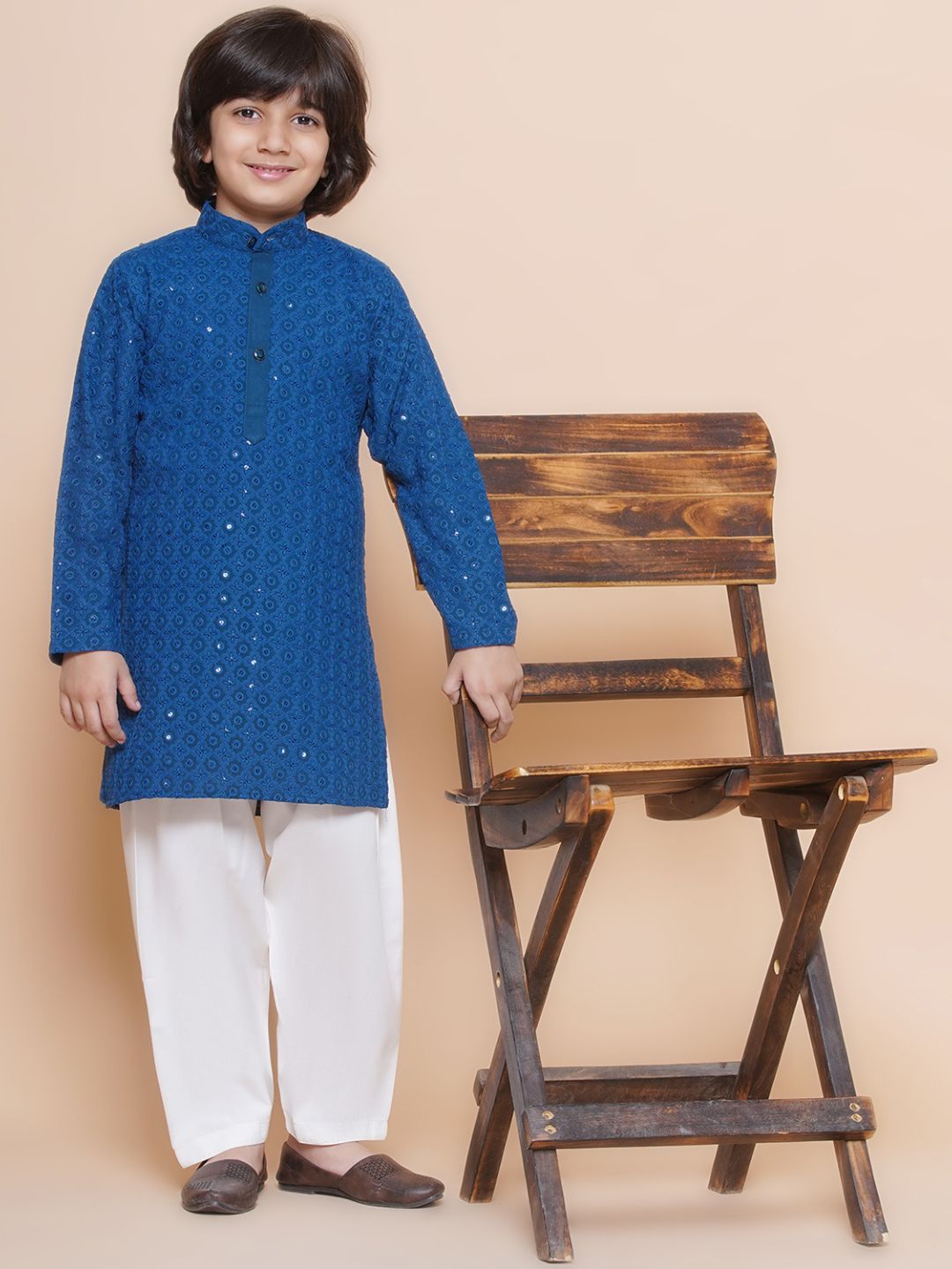 Navy Blue Sequence Embroidery Cotton Blend Kurta Pyjama With Maroon Dupatta Set For Boys