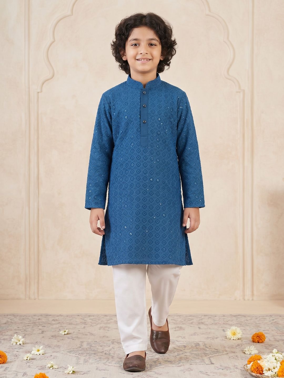 Kids Boys Navy Blue Embroidered Cotton Kurta Pyjama Set - AJ Dezines
