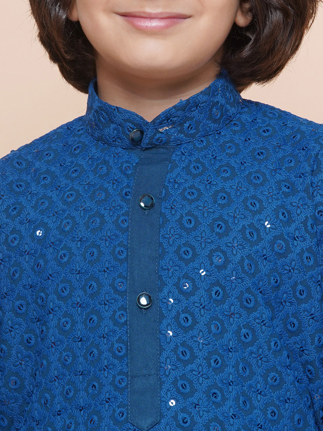 Kids Boys Navy Blue Embroidered Cotton Kurta Pyjama Set - AJ Dezines