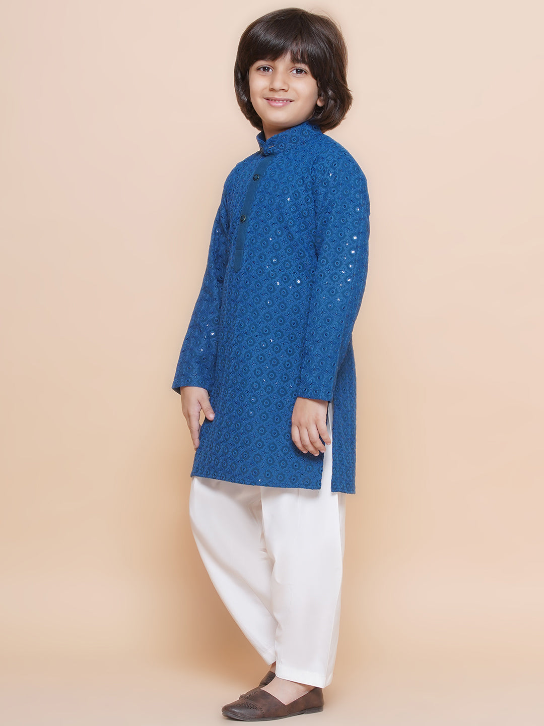 Kids Boys Navy Blue Embroidered Cotton Kurta Pyjama Set - AJ Dezines