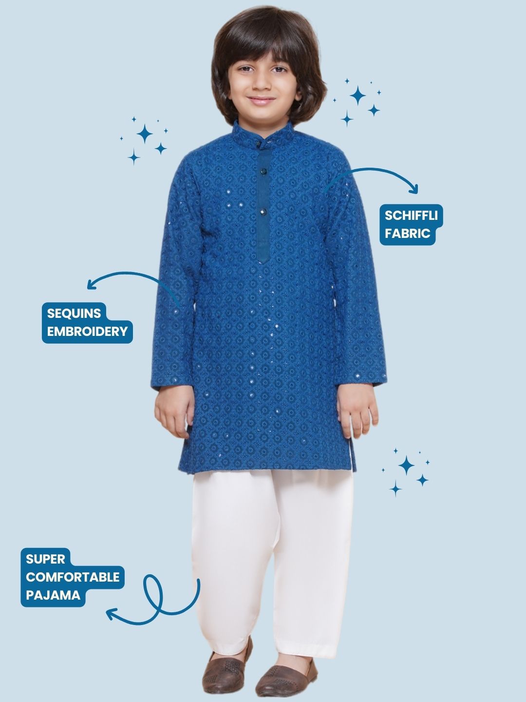 Kids Boys Navy Blue Embroidered Cotton Kurta Pyjama Set - AJ Dezines
