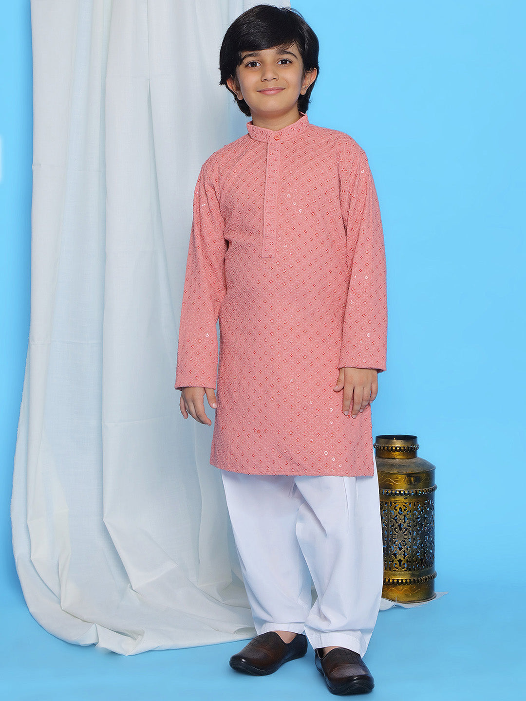PEACH Schiffli Full sleeves Embroidered Kurta Pyjama Set for Boys - AJ Dezines