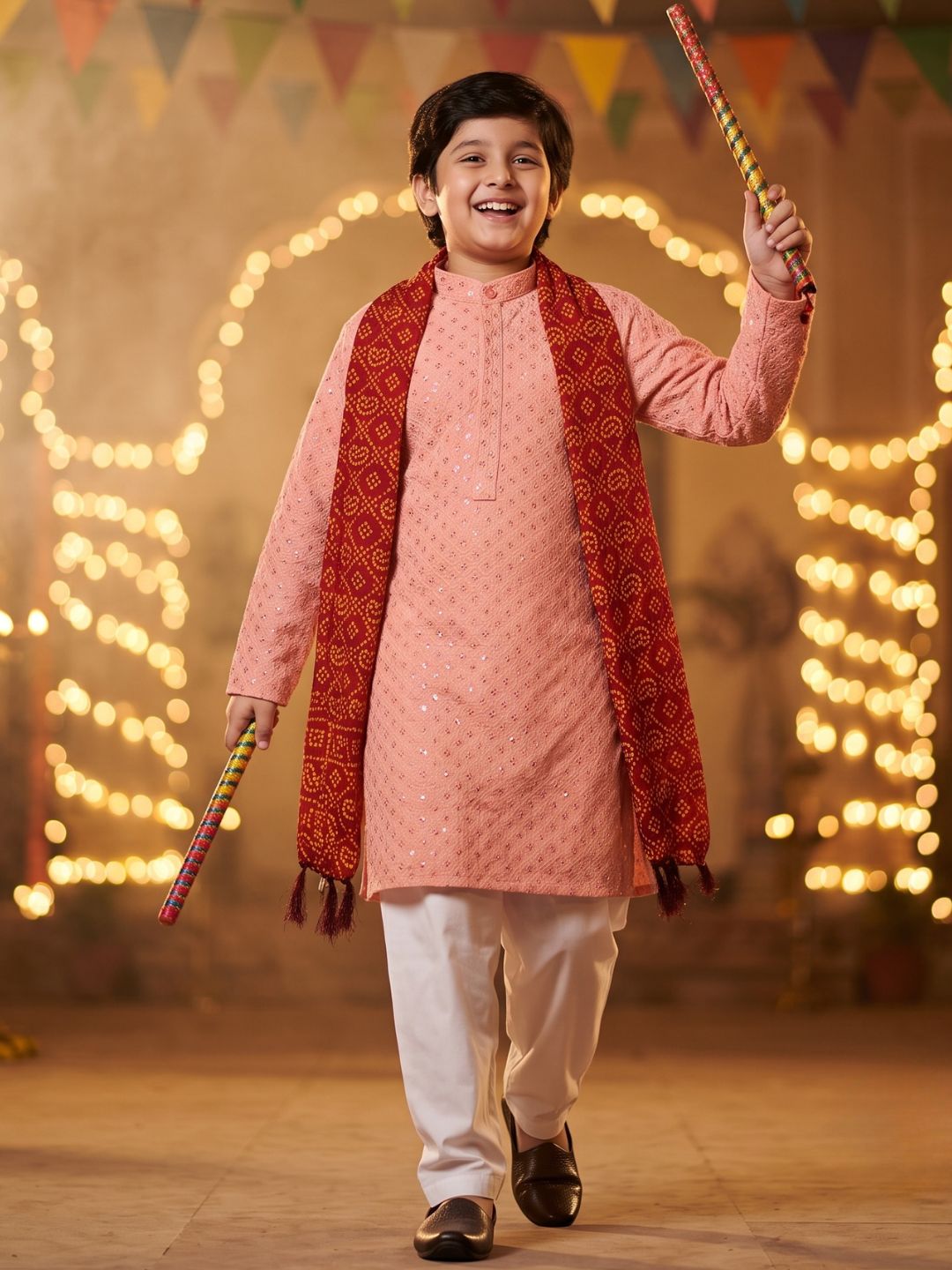 Peach Sequence Embroidery Cotton Blend Kurta Pyjama With Maroon Dupatta Set For Boys