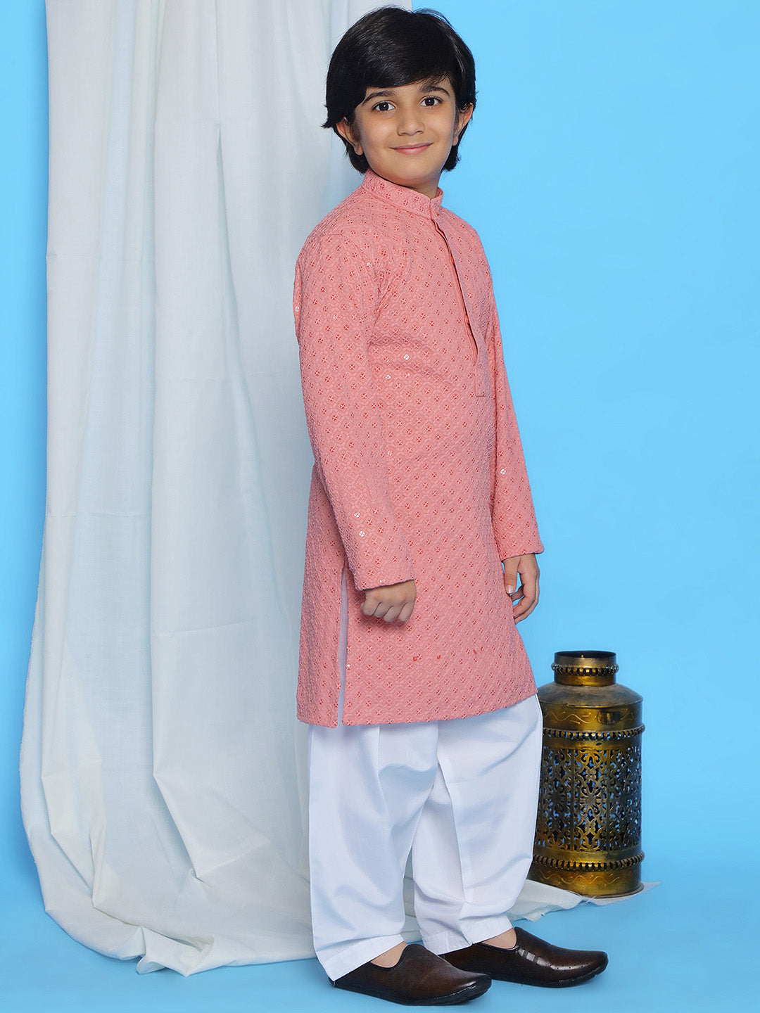 Peach Sequence Embroidery Cotton Blend Kurta Pyjama With Maroon Dupatta Set For Boys